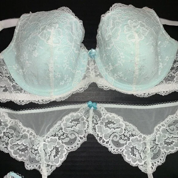 Victoria's Secret 34DD BRA SET+garter+thong+S SLIP WHITE blue BRIDAL lace I DO
